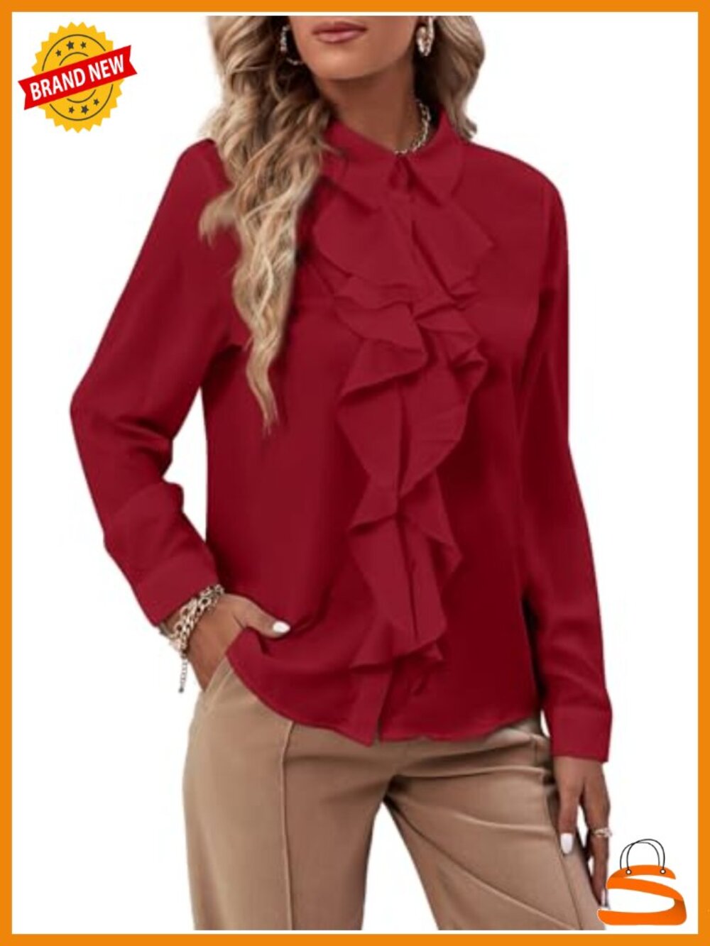 Ruffle Front Button Down Blouse Long Sleeve Collared Loose Fit Top